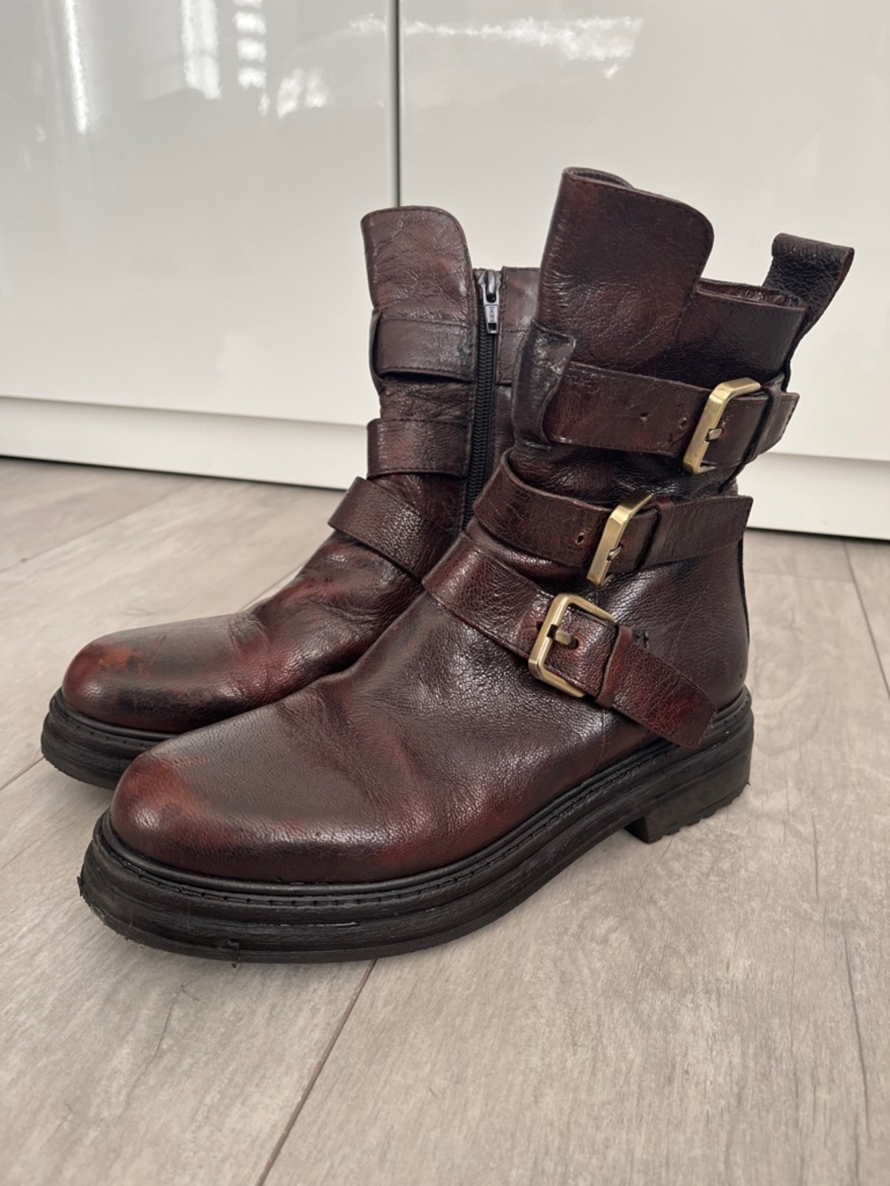 EMANUEL CRASTO Women's Brown Leather Buckle Combat Boots, Size 39/8.5